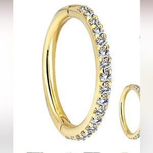 14K yellow gold cubic zirconia hinged clicker hoop, 16 gauge, 10mm diameter. NWT